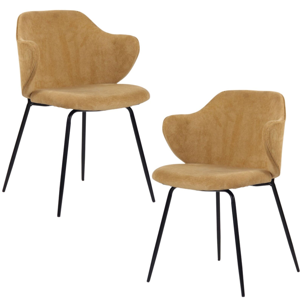 Set of 2 Dining Chairs Corduroy Cord Fabric with Metal Legs in Mustard Yellow