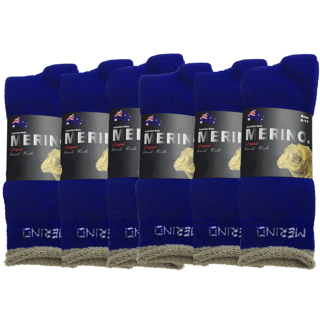 6 Pairs MERINO WOOL SOCKS Mens Heavy Duty Premium Thick Work Socks Cushion BULK - Blue - 6-11