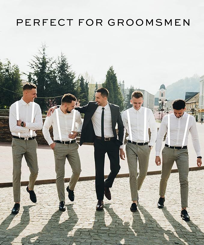 6x Mens Suspenders Braces Adjustable Strong Clip On Elastic Formal Wedding BULK - White