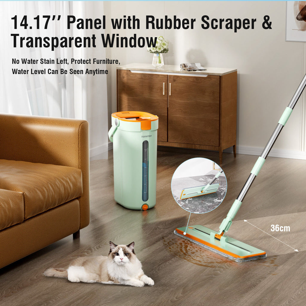 Premium Microfiber Flat Mop Bucket Set w/ Clean & Dirty Water Separation 360 Degree - Light Green