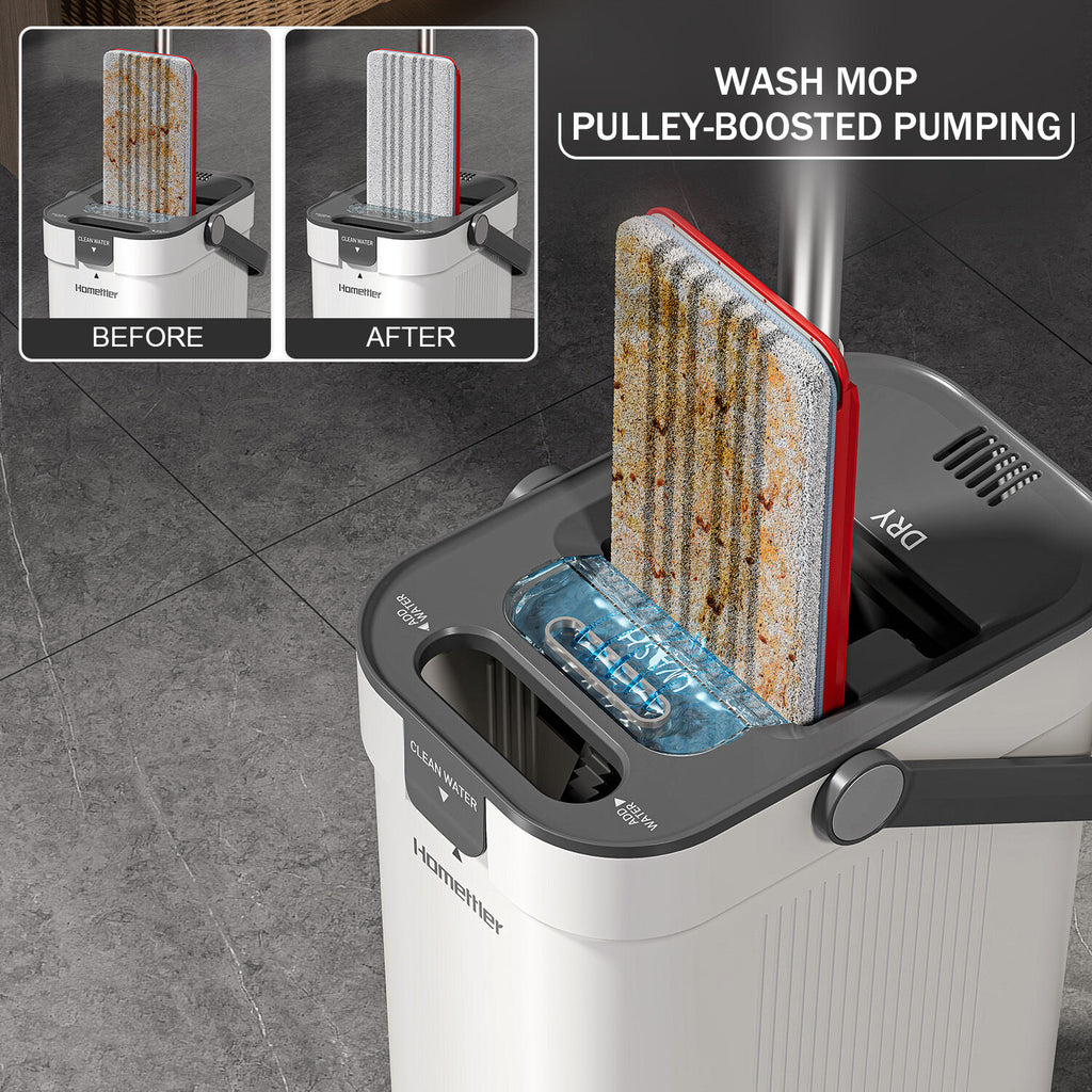 Premium Microfiber Flat Mop Bucket Set w/ Clean & Dirty Water Separation 360 Degree - White