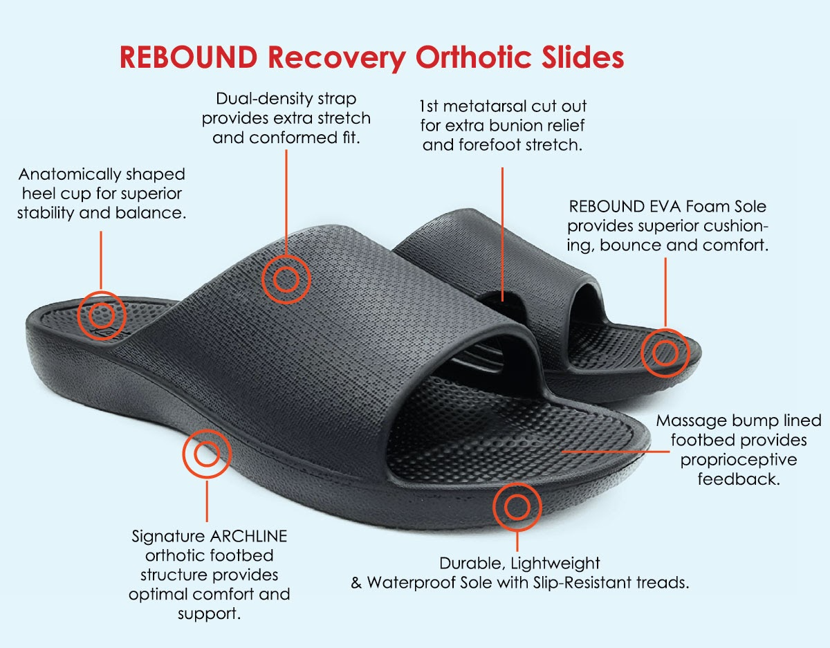 Archline Rebound Orthotic Slides Flip Flop Thongs Slip On Arch Support - Black - Euro 41