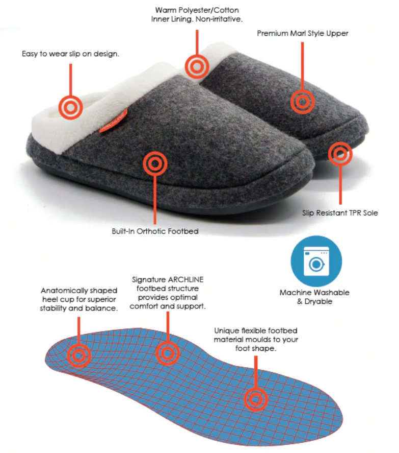 ARCHLINE Orthotic Slippers Slip On Arch Scuffs Orthopedic Moccasins in Grey Marle - EUR 43