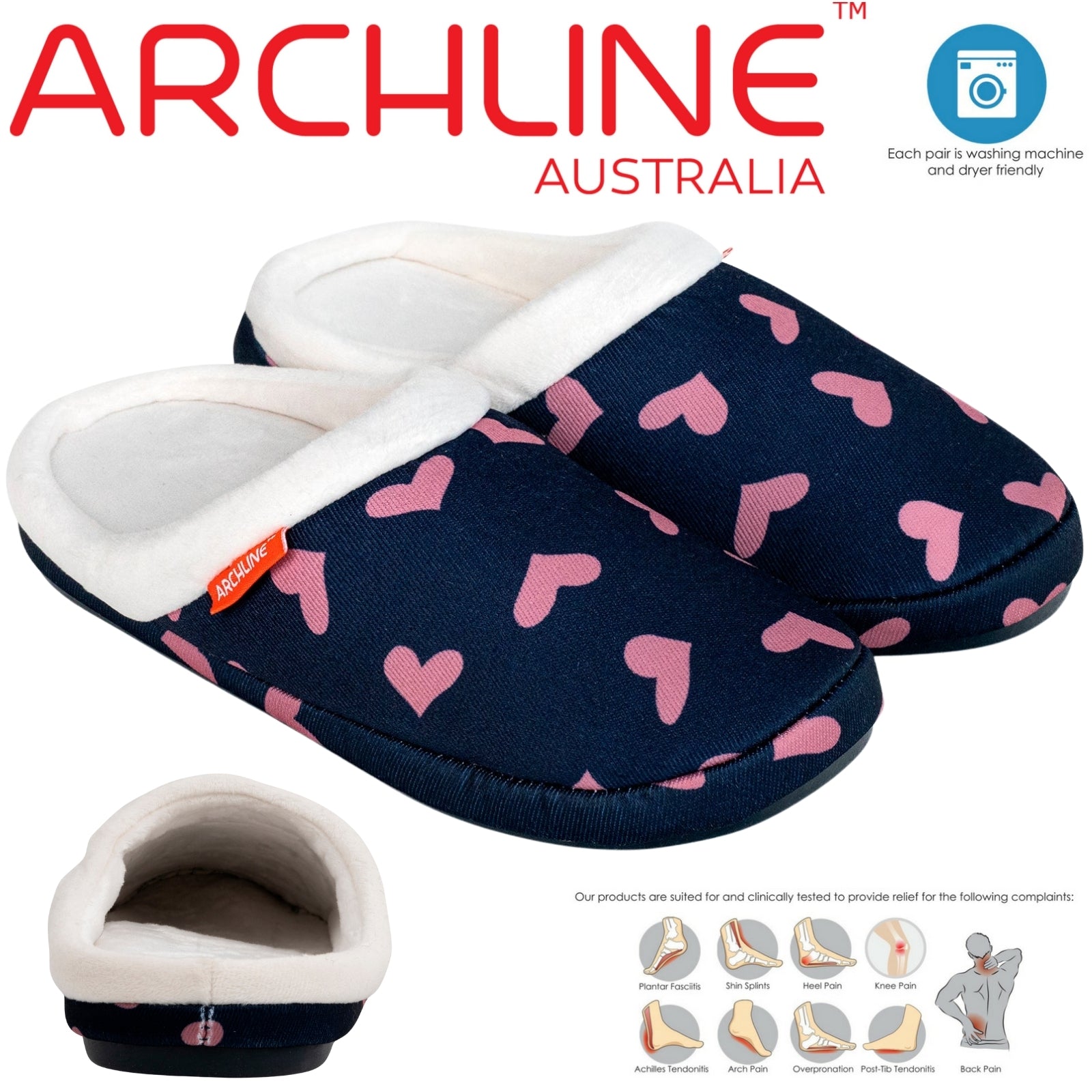 ARCHLINE Orthotic Slippers Slip On Scuffs Pain Relief Moccasins - Navy with Hearts - EUR 38 (Womens US 7)