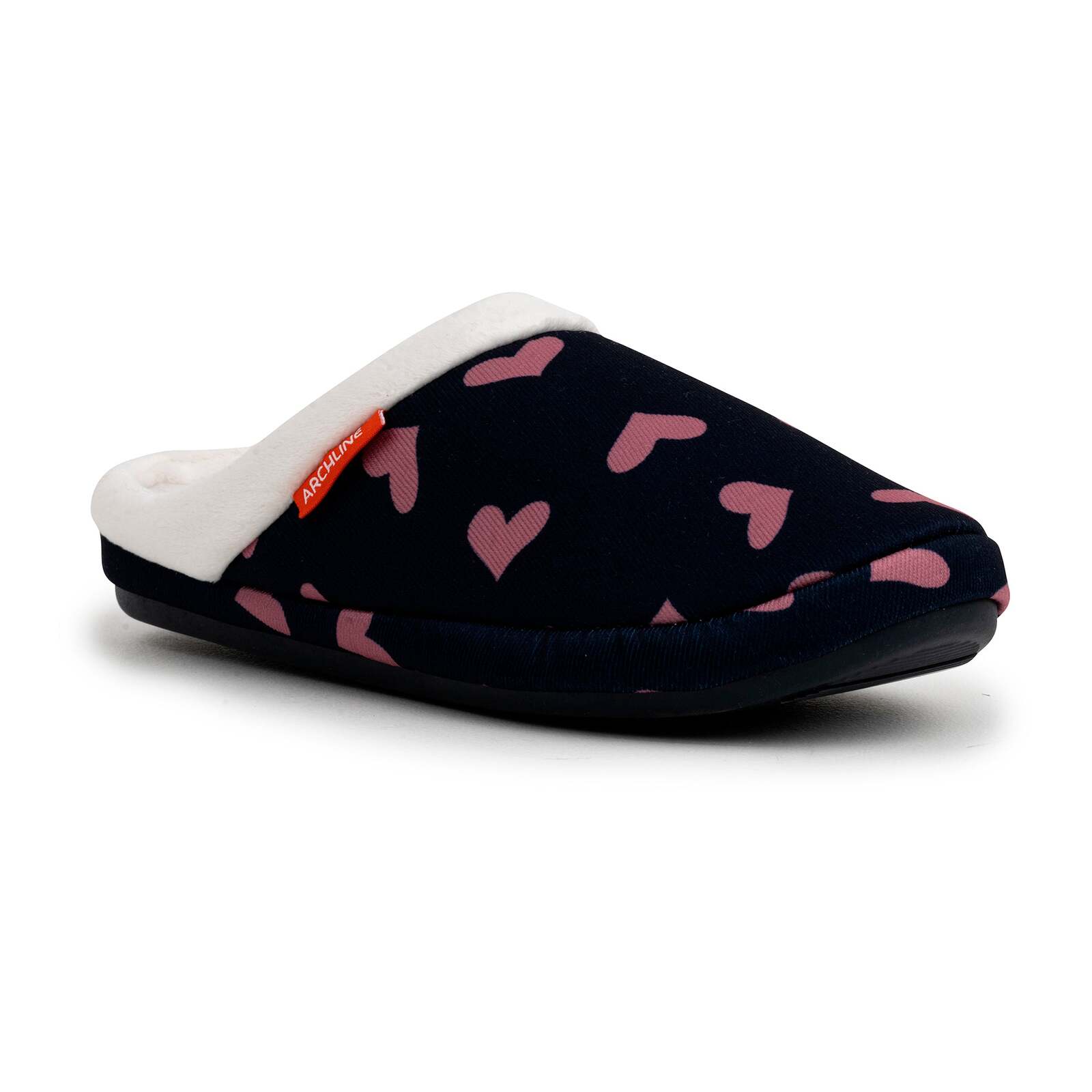 ARCHLINE Orthotic Slippers Slip On Scuffs Pain Relief Moccasins - Navy with Hearts - EUR 38 (Womens US 7)