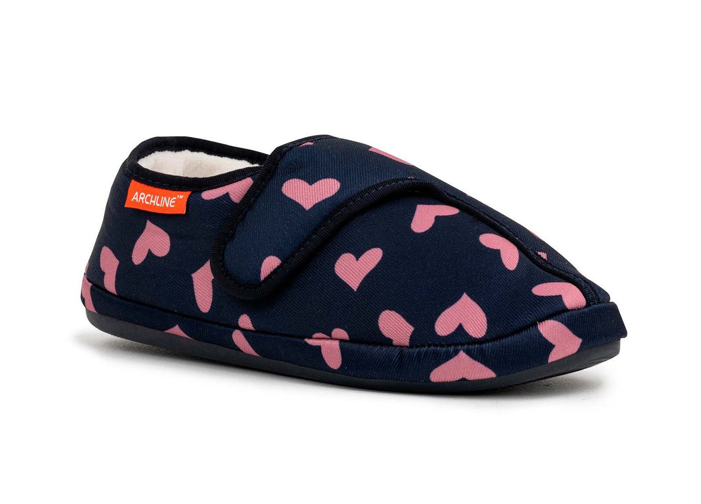 ARCHLINE Orthotic Plus Slippers Closed Scuffs Pain Relief Moccasins - Navy Hearts - EU 39