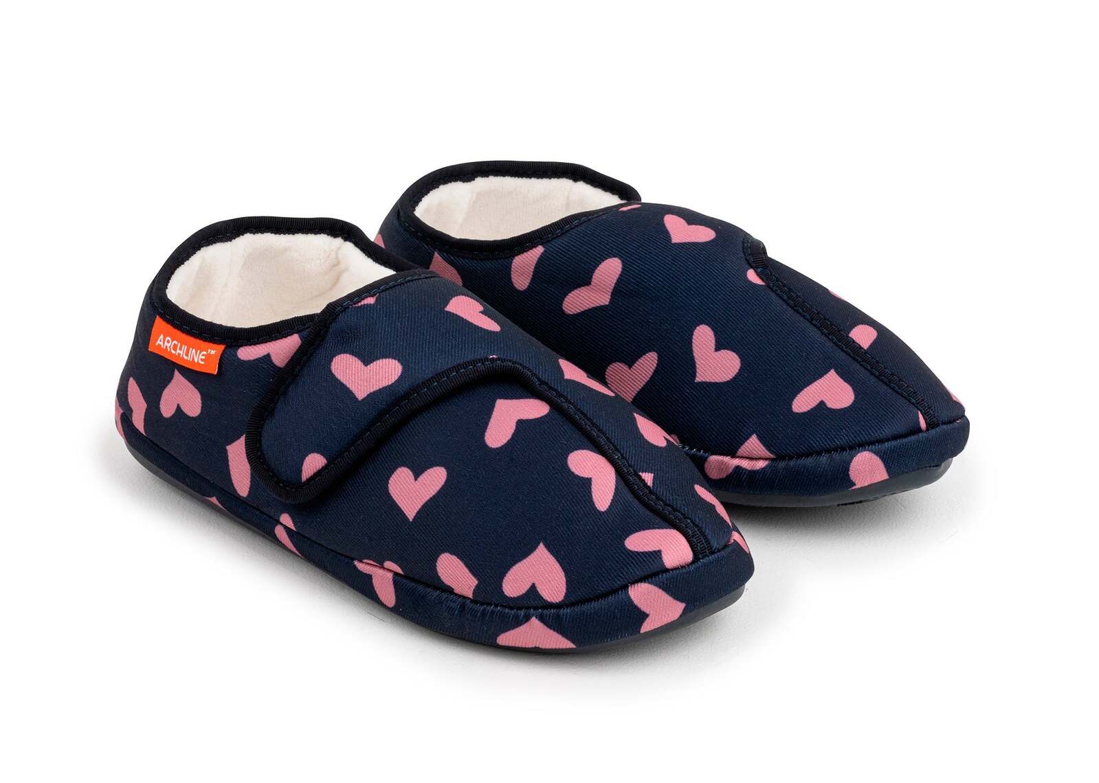 ARCHLINE Orthotic Plus Slippers Closed Scuffs Pain Relief Moccasins - Navy Hearts - EU 43