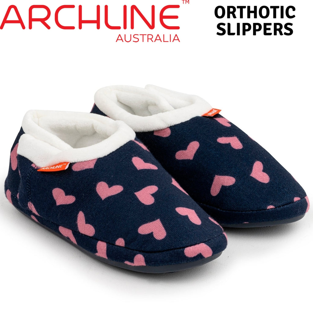ARCHLINE Orthotic Slippers CLOSED Arch Scuffs Moccasins Pain Relief in Navy Hearts - EUR36