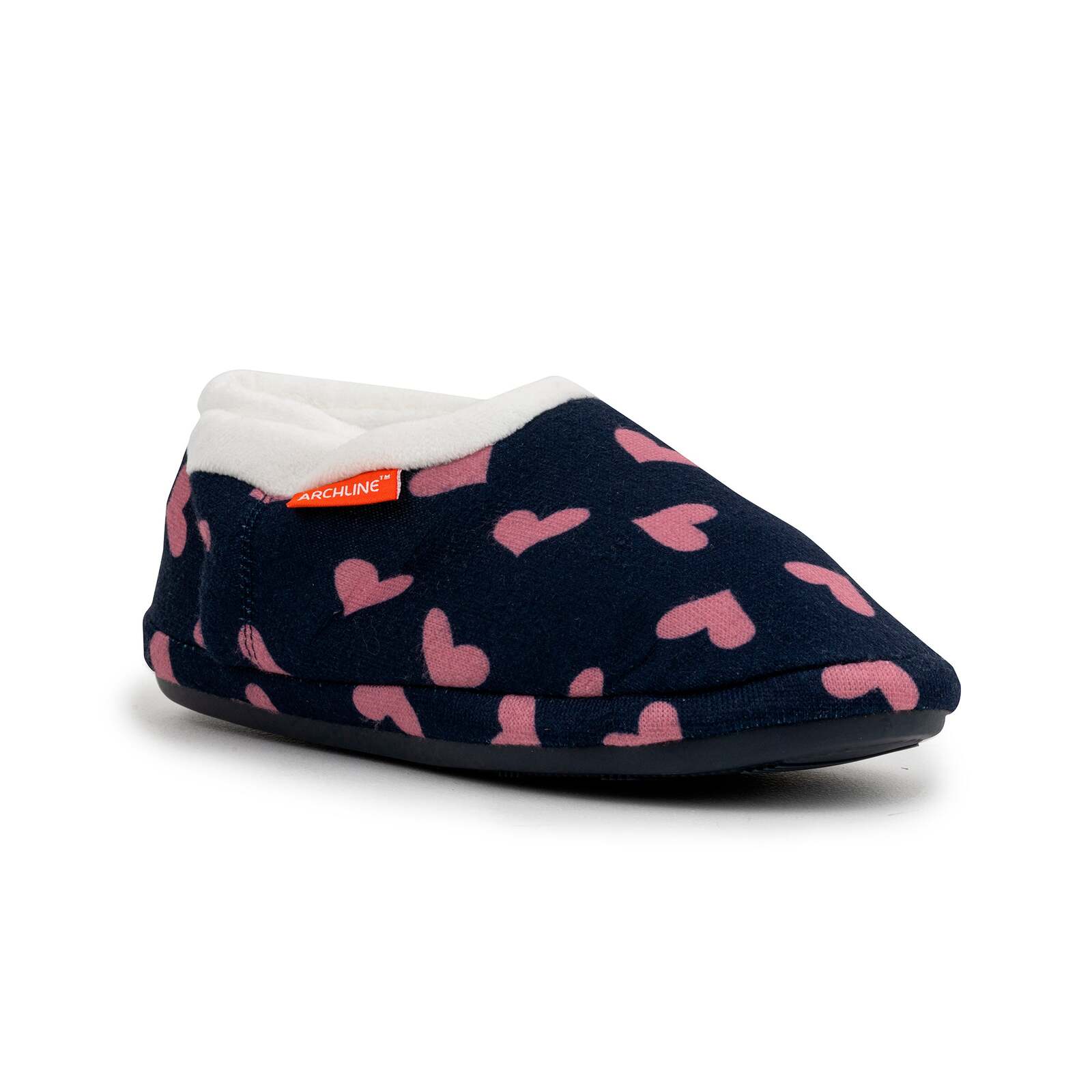 ARCHLINE Orthotic Slippers CLOSED Arch Scuffs Moccasins Pain Relief in Navy Hearts - EUR36
