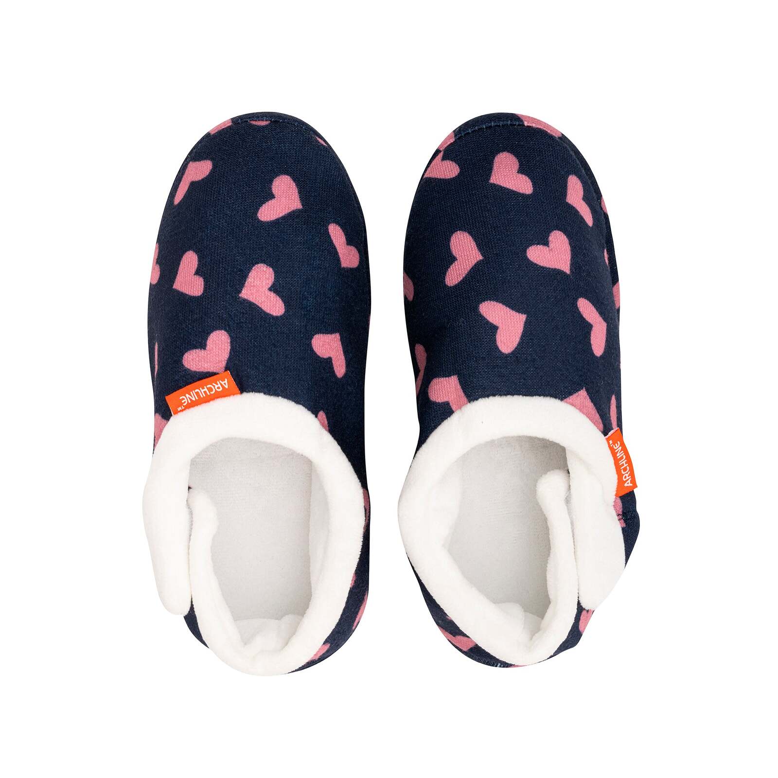 ARCHLINE Orthotic Slippers CLOSED Arch Scuffs Moccasins Pain Relief in Navy Hearts - EUR36