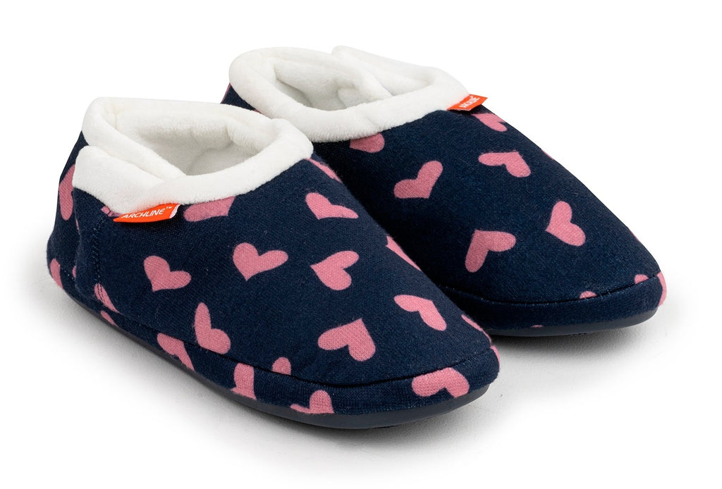 ARCHLINE Orthotic Slippers CLOSED Arch Scuffs Moccasins Pain Relief in Navy Hearts - EUR40