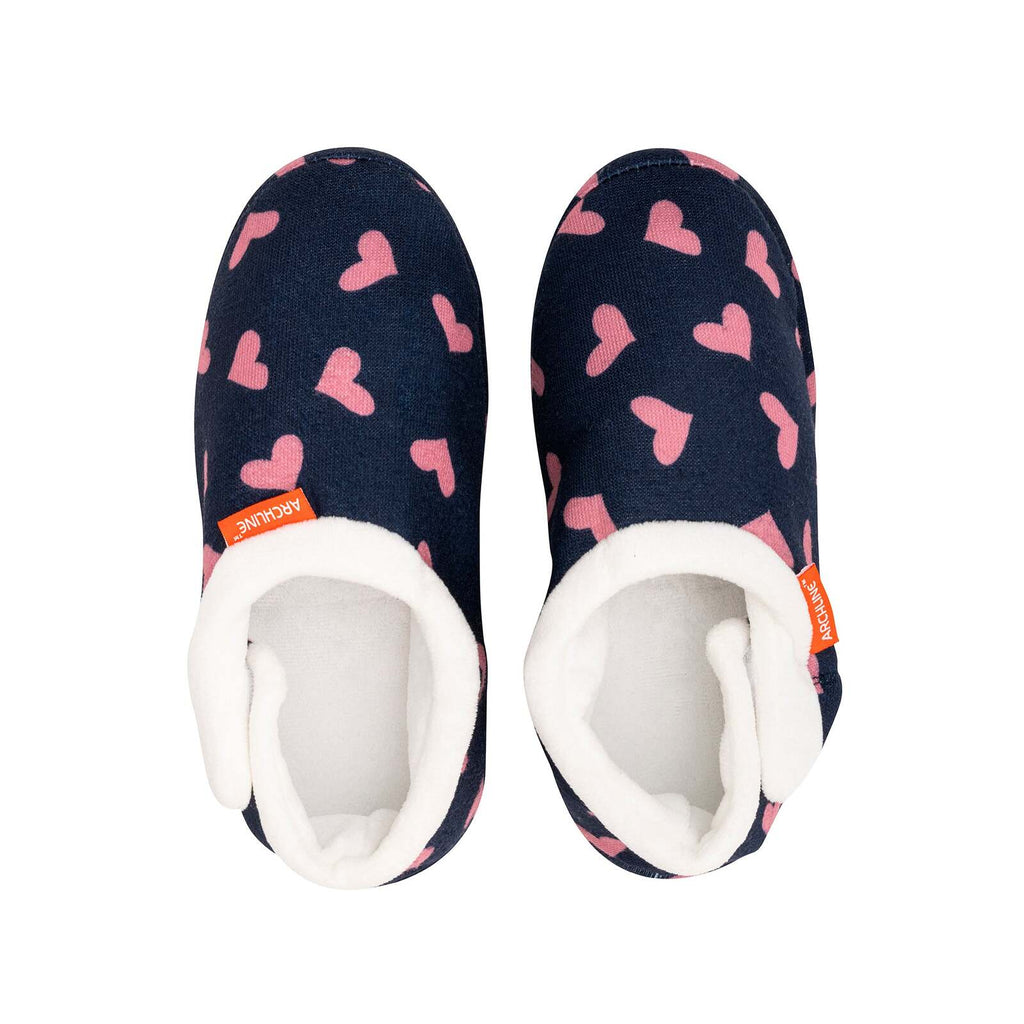 ARCHLINE Orthotic Slippers CLOSED Arch Scuffs Moccasins Pain Relief in Navy Hearts - EUR40