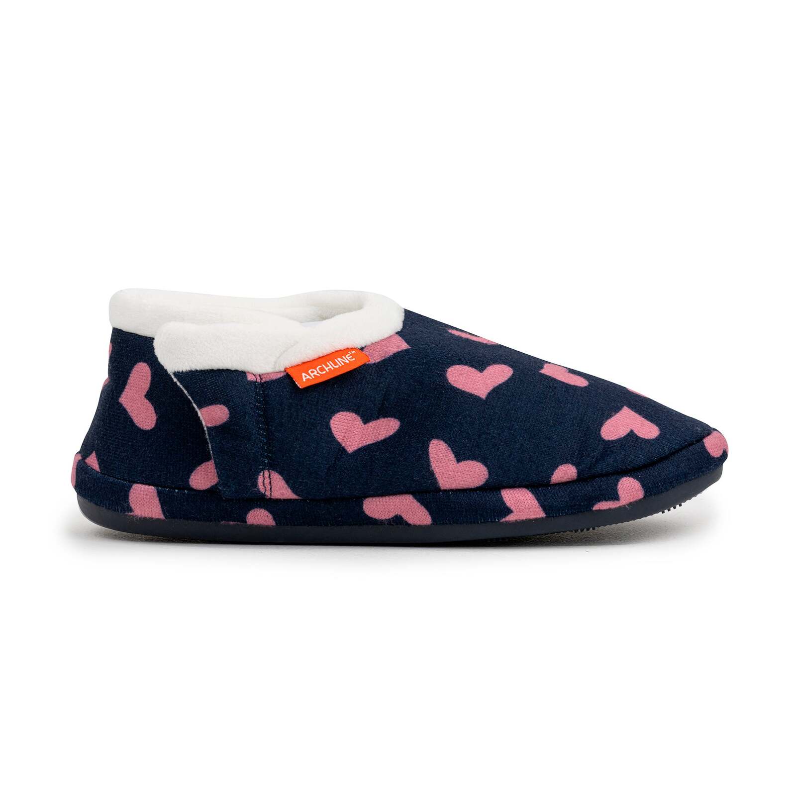 ARCHLINE Orthotic Slippers CLOSED Arch Scuffs Moccasins Pain Relief in Navy Hearts - EUR41