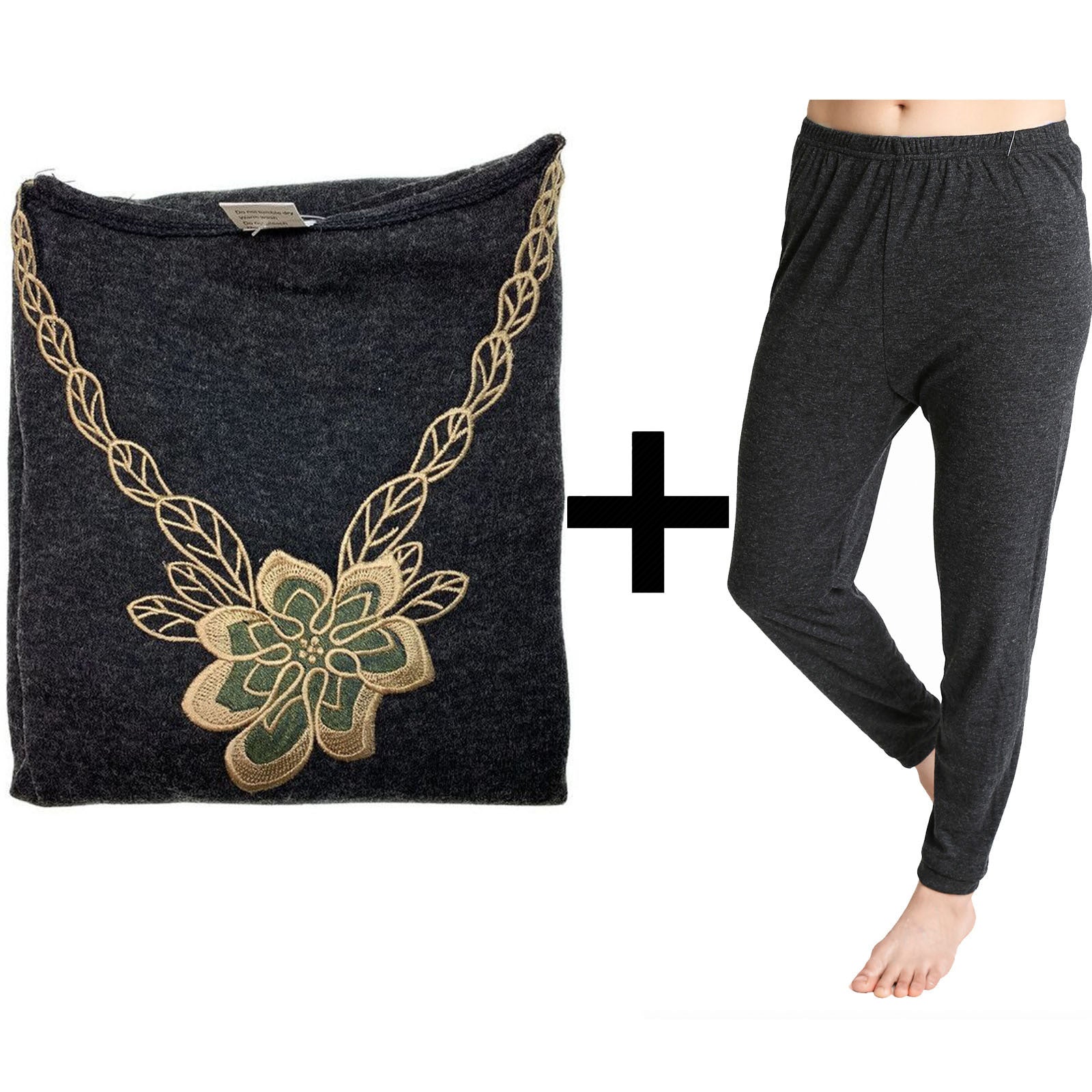 2pcs Set Womens Merino Wool Blend Pants & Top Underwear Leggings Thermal Thermals - Black - 12-14
