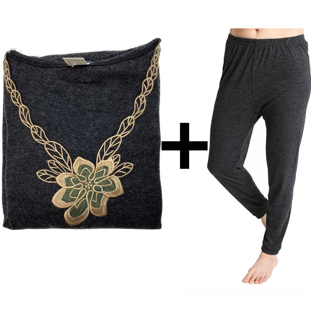 2pcs Set Womens Merino Wool Blend Pants & Top Underwear Leggings Thermal Thermals - Black - 14-16