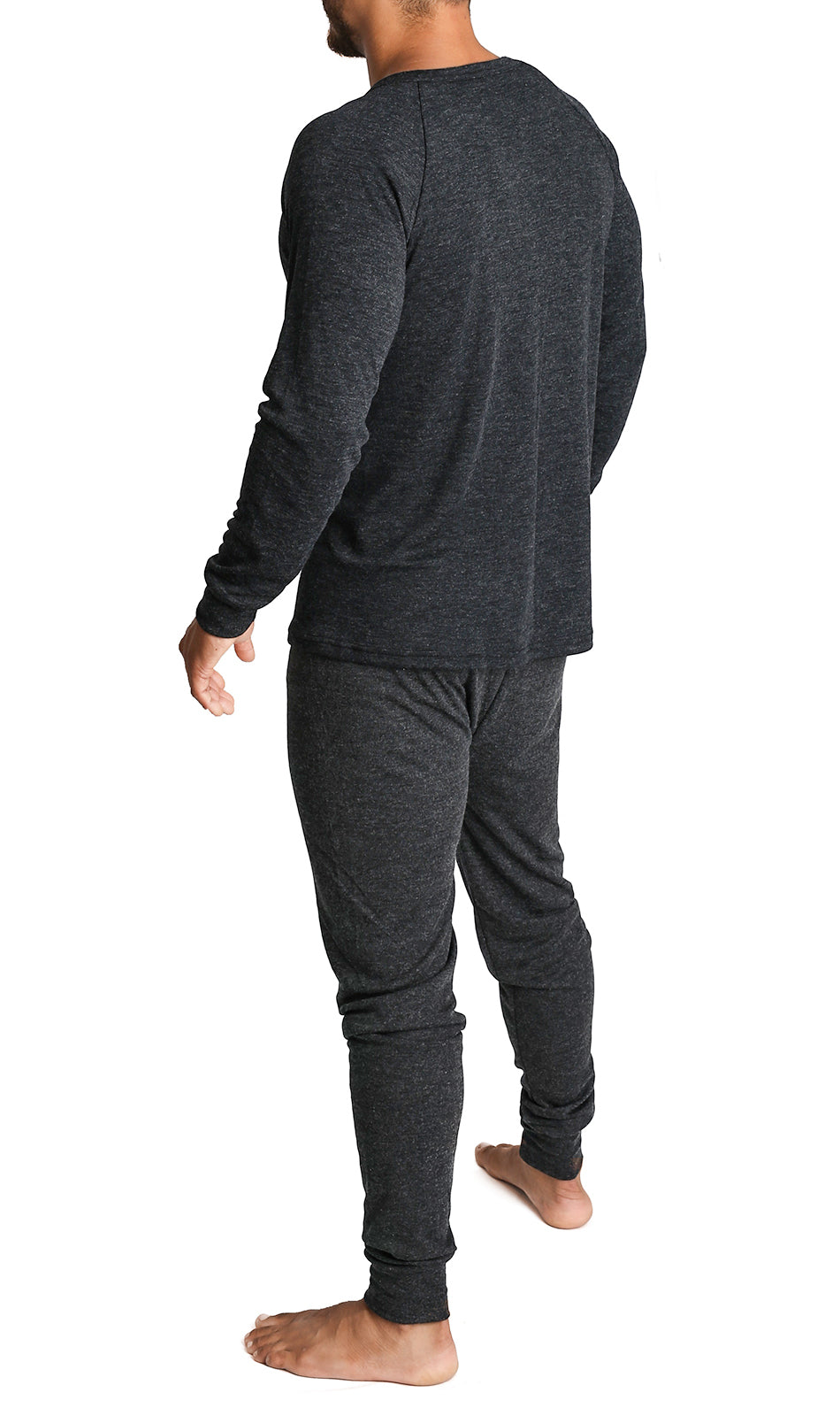 2pcs Set Mens Merino Wool Blend Long Sleeve Thermal Top & Long Johns Pants Underwear - Black - L