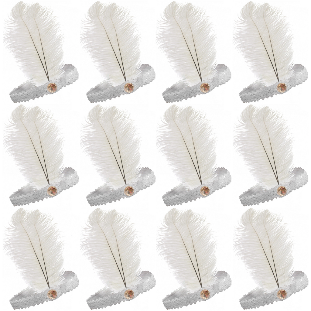 12x 1920s FLAPPER HEADBAND Headpiece Feather Sequin Charleston Gatsby Party BULK - White