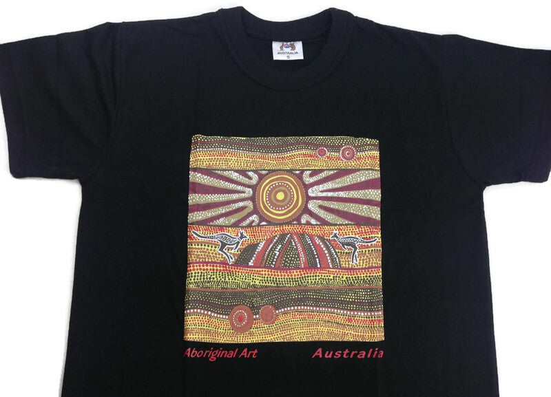 Mens Australia T Shirt Aboriginal Art 100% Cotton Souvenir Indigenous Tee - Black - Large