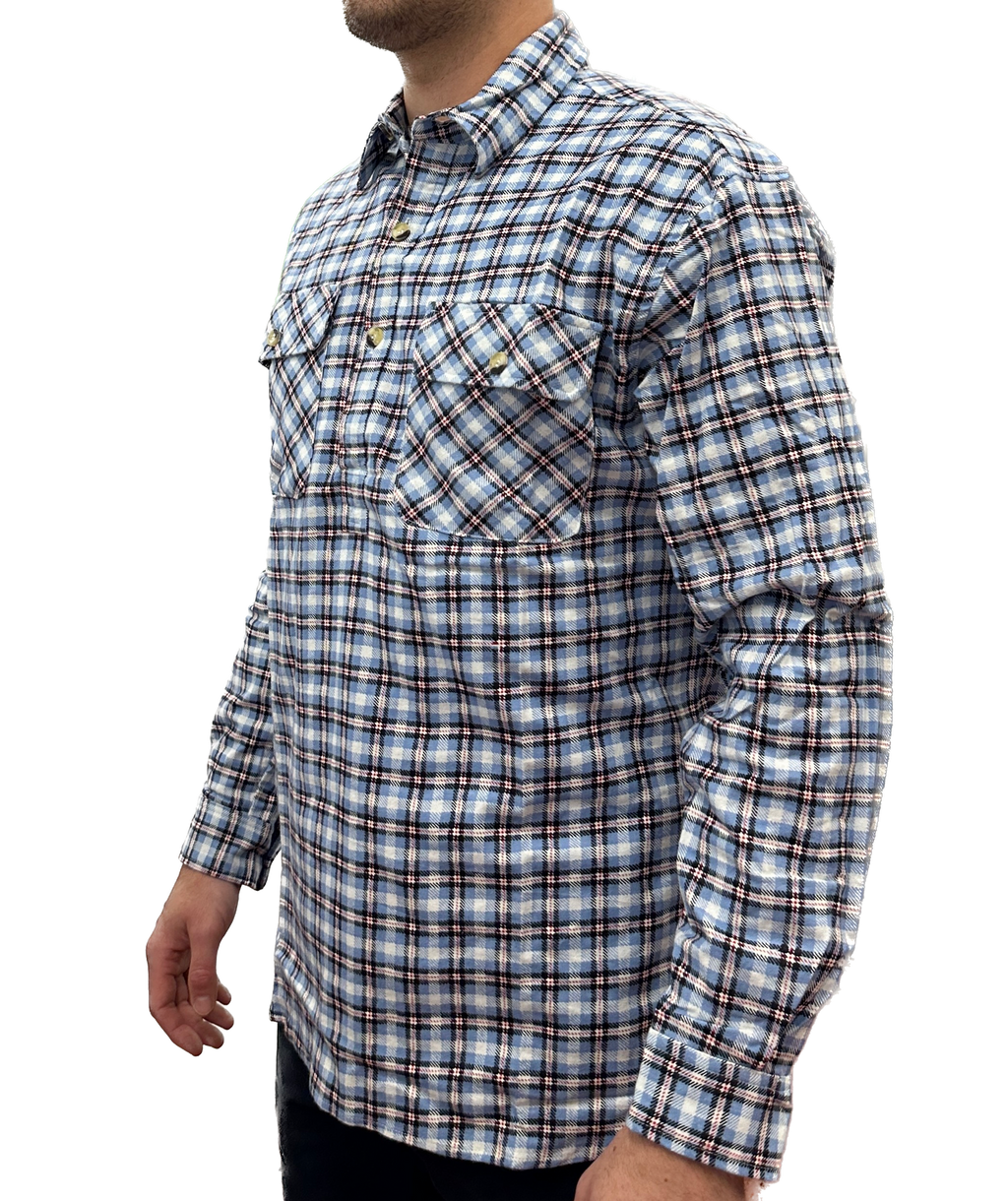 Mens Flannelette Long Sleeve Pullover Shirt 100% Cotton Flannel - Half Placket - Blue Check - M