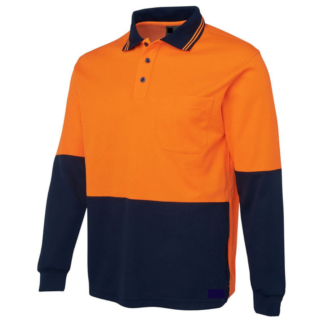 HI VIS LONG SLEEVE POLO SHIRT Top Safety Workwear Fluro Breathable Dry WB - Orange - M
