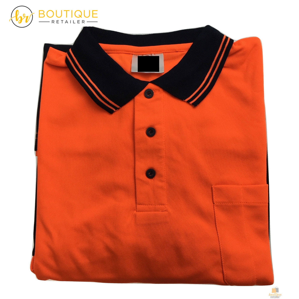 HI VIS LONG SLEEVE POLO SHIRT Top Safety Workwear Fluro Breathable Dry WB - Orange - XXL