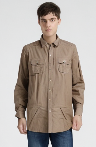 Mens Plain Slim 100% Cotton Long Sleeve Shirt Button Up Stylish Business Casual - Brown/Beige - M