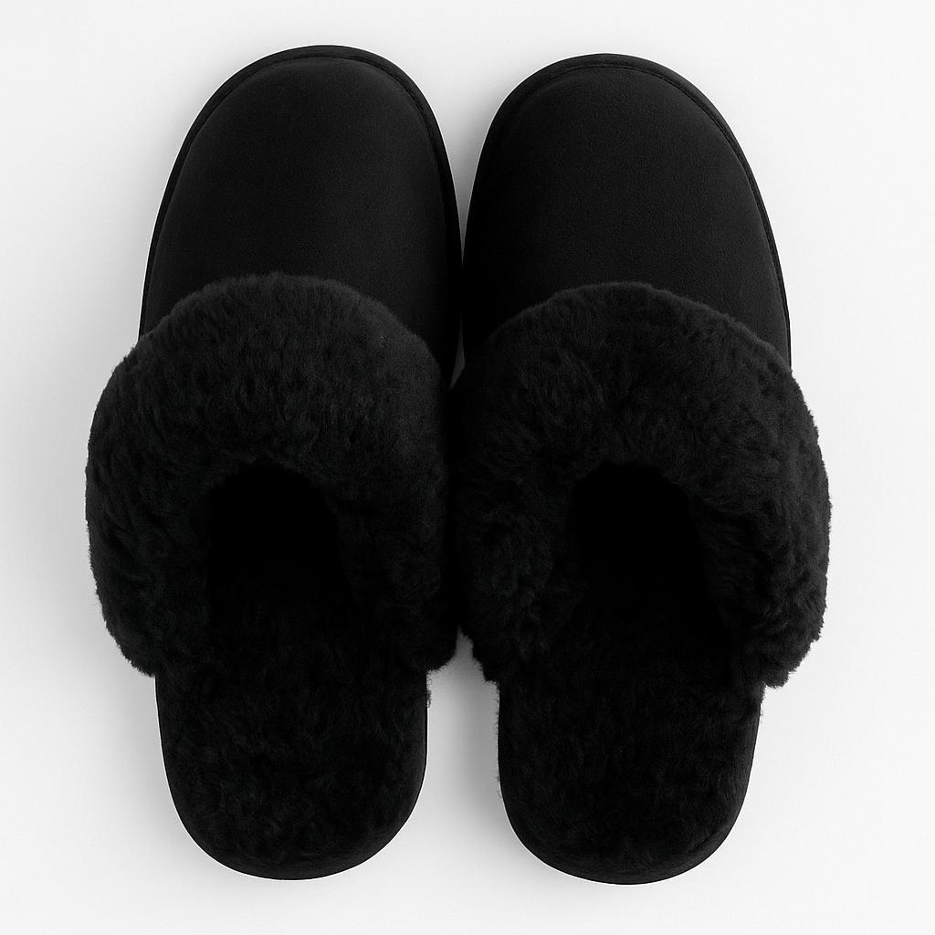 Sheepskin Wool Womens Slippers Scuffs Slip On Winter Ugg Slippers in Black - 10