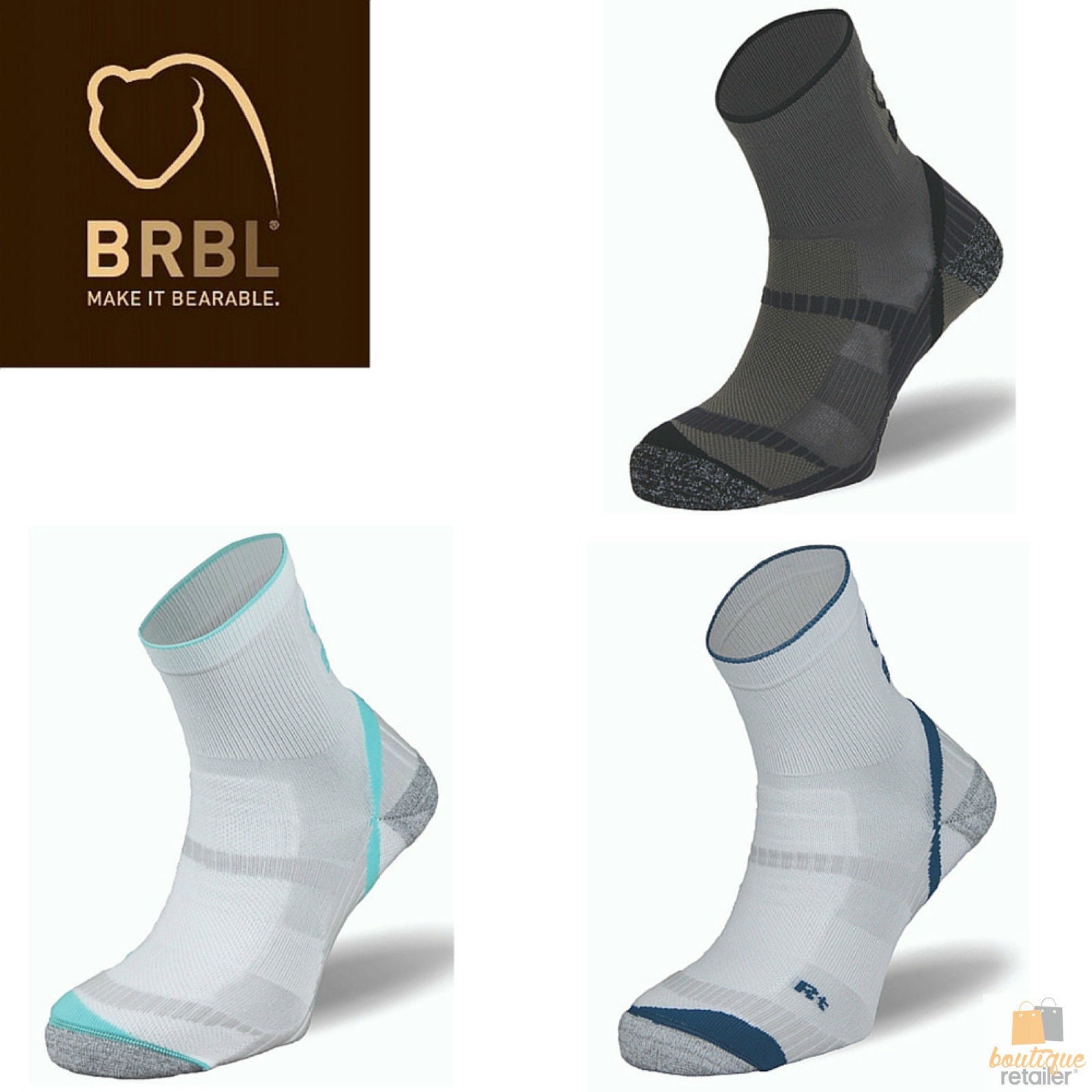 BRBL Atlas Socks Hiking Trekking Trail Run Outdoor Camping MADE IN ITALY Crew - White/Aqua - L