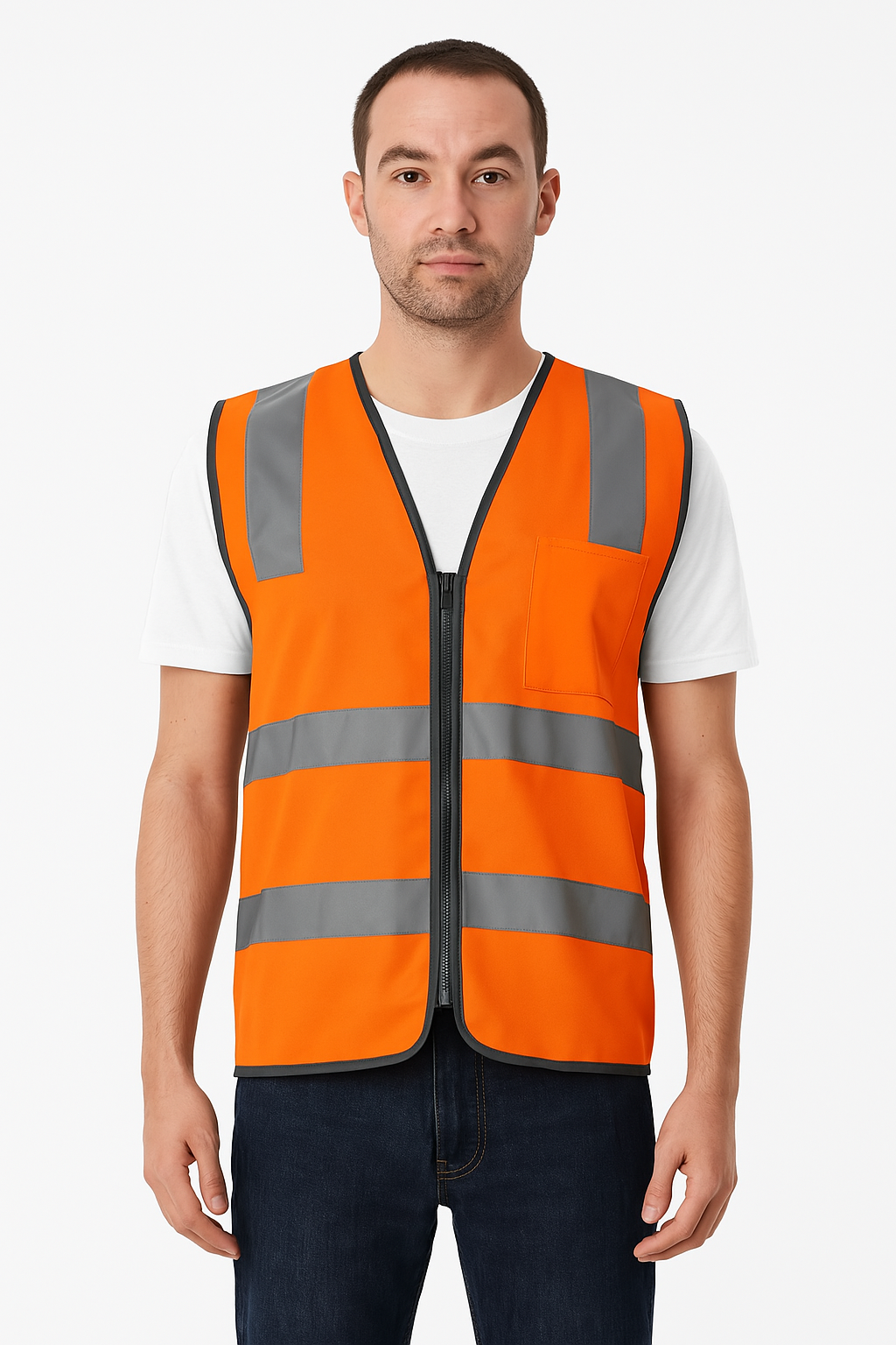 Hi Vis Safety Vest Reflective Tape Zip Up Workwear Pocket High Visibility in Orange - L