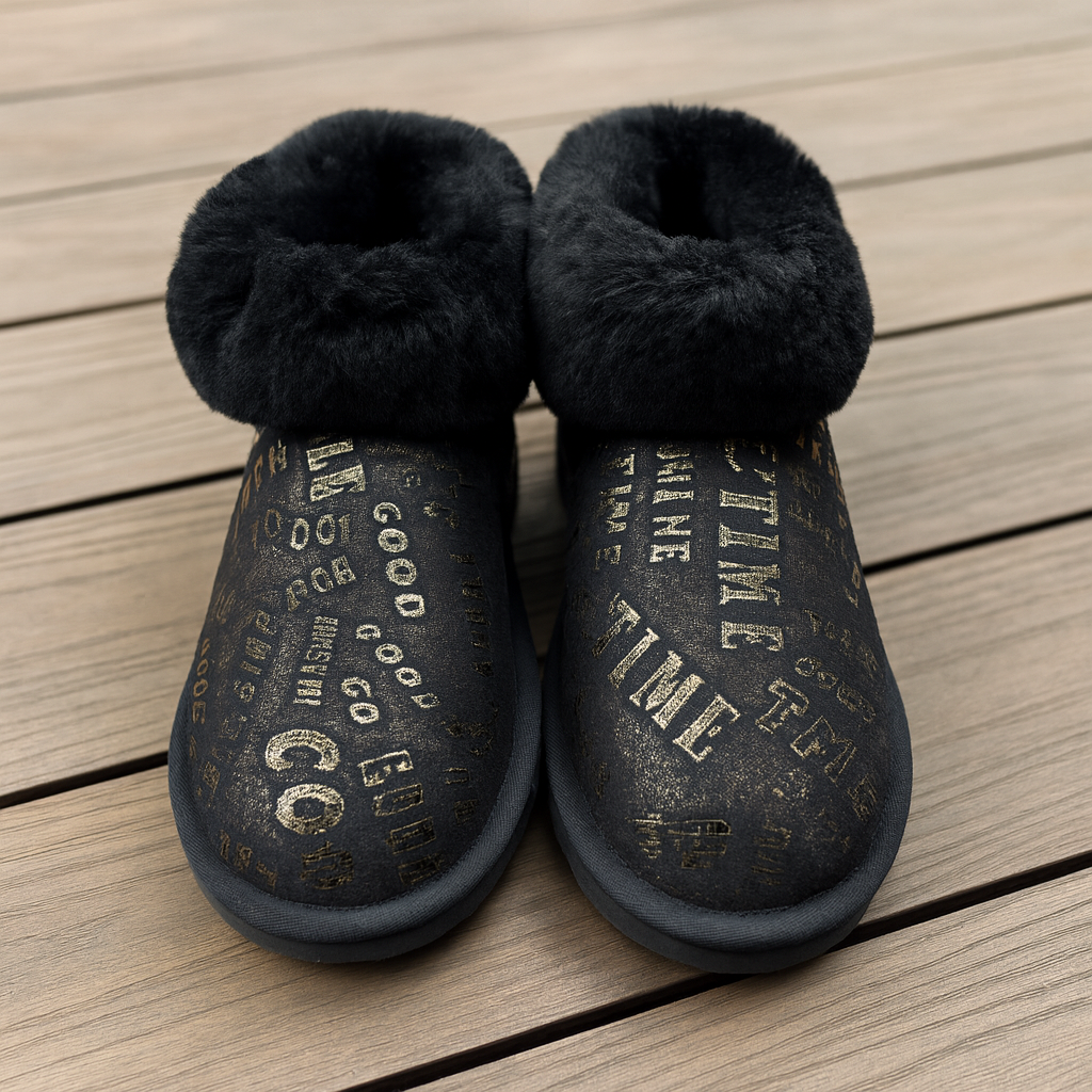 Womens Australian Sheepskin Wool Fur Mini UGG Ankle Boots in Gold Black - 9