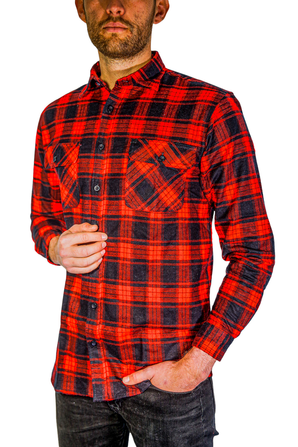 Mens Flannelette Long Sleeve Shirt 100% Cotton Check Authentic Flannel - Full Placket - Red - 5XL