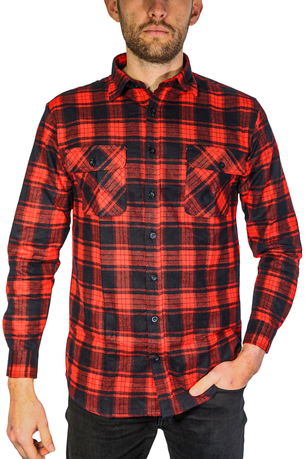 Mens Flannelette Long Sleeve Shirt 100% Cotton Check Authentic Flannel - Full Placket - Red - 6XL