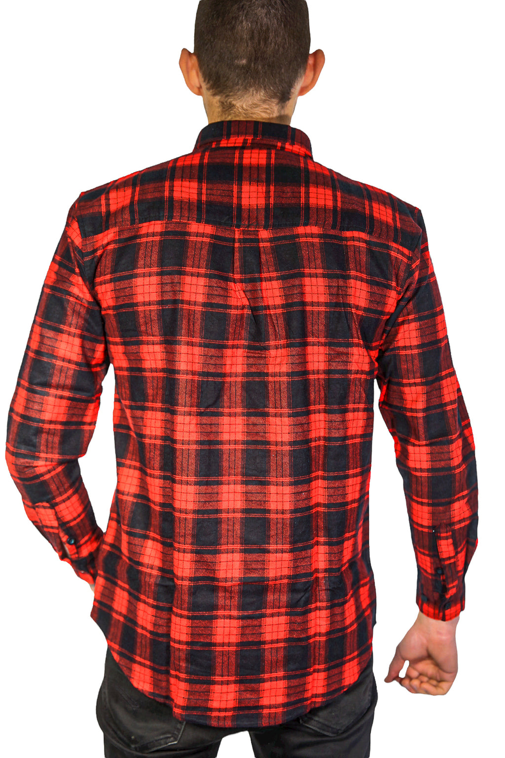 Mens Flannelette Long Sleeve Shirt 100% Cotton Check Authentic Flannel - Full Placket - Red - L