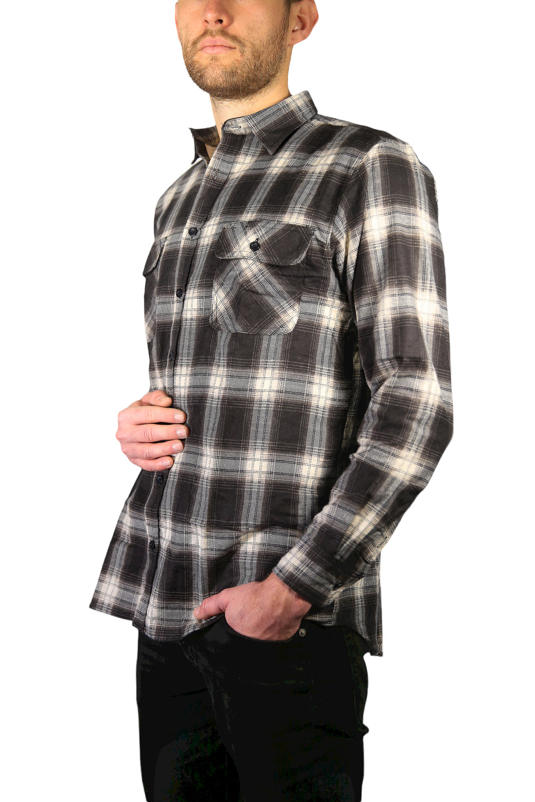 Mens Flannelette Long Sleeve Shirt 100% Cotton Check Authentic Flannel - Full Placket - Black - 6XL