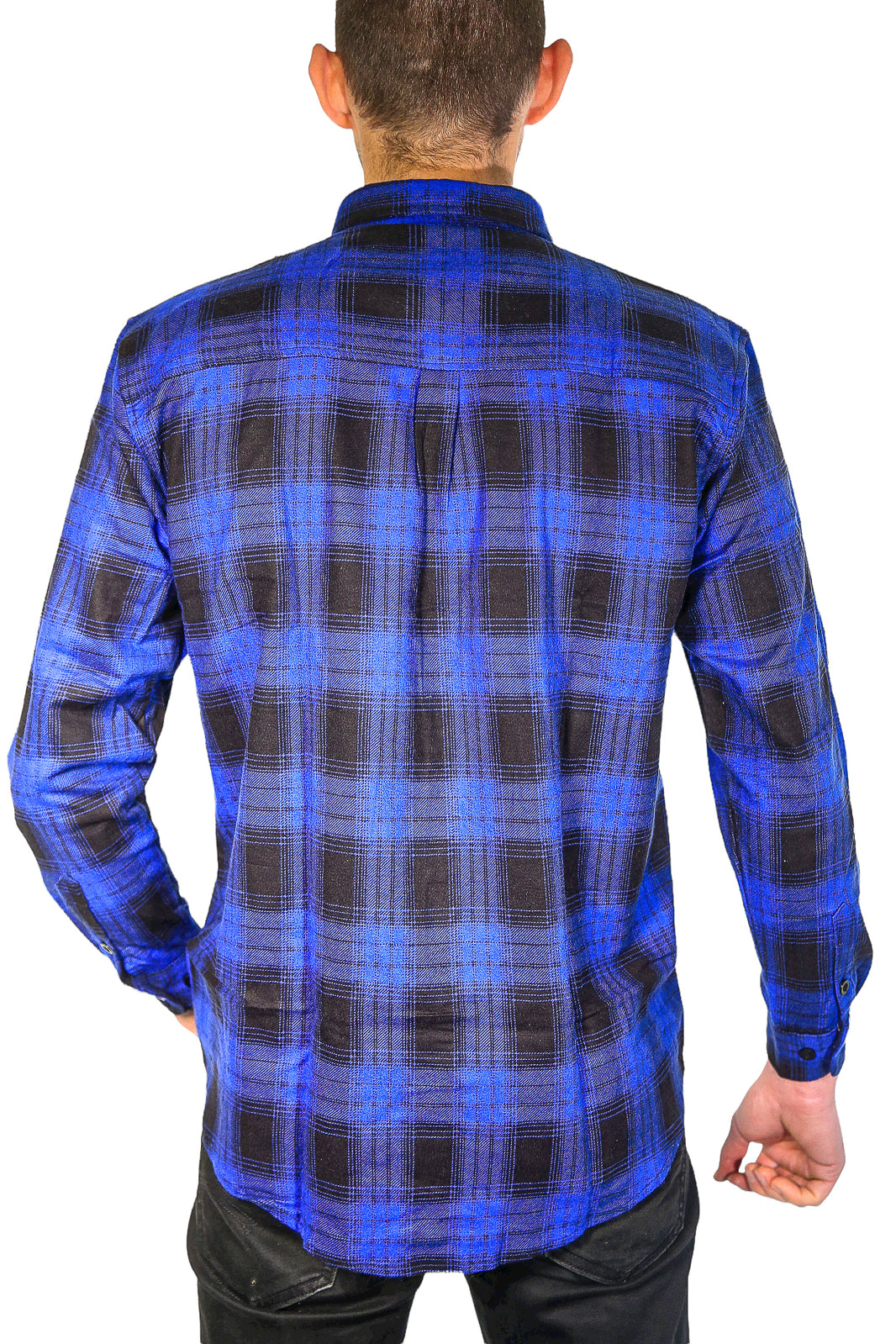 Mens Flannelette Long Sleeve Shirt 100% Cotton Check Authentic Flannel - Full Placket - Royal Blue  - XL