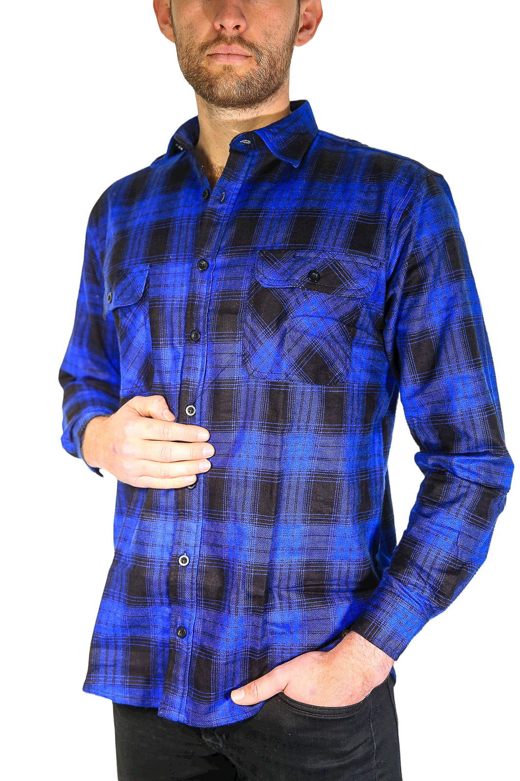 Mens Flannelette Long Sleeve Shirt 100% Cotton Check Authentic Flannel - Full Placket - Royal Blue  - XXL