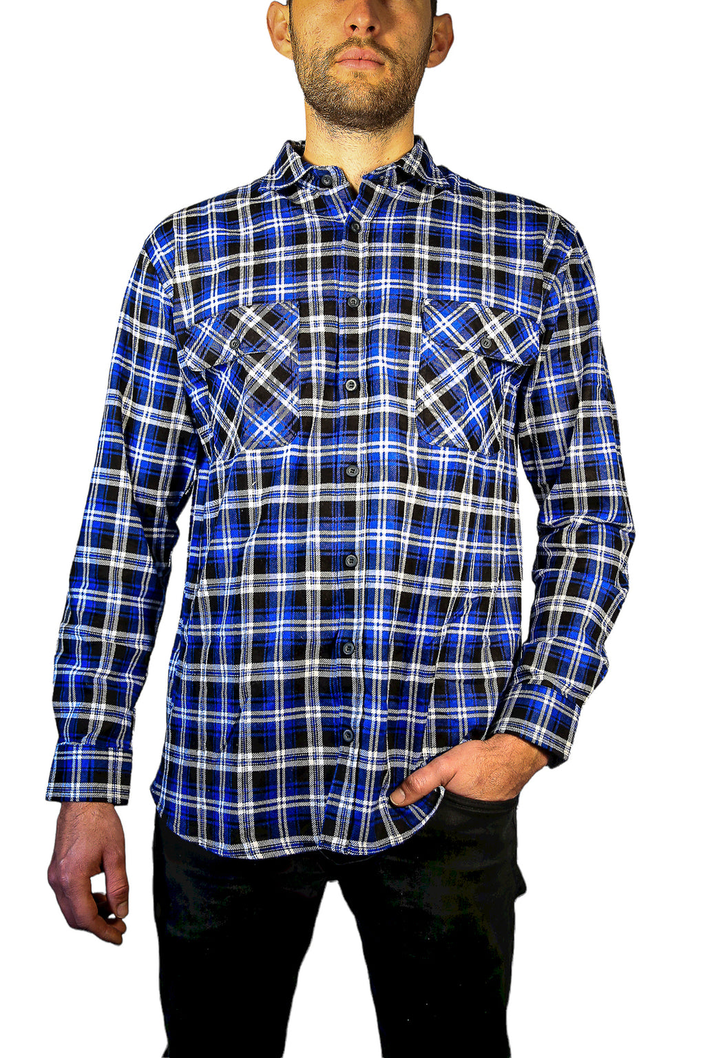 Mens 100% Cotton Flannelette Shirt Long Sleeve Check Authentic Flannel - Denim - 8XL