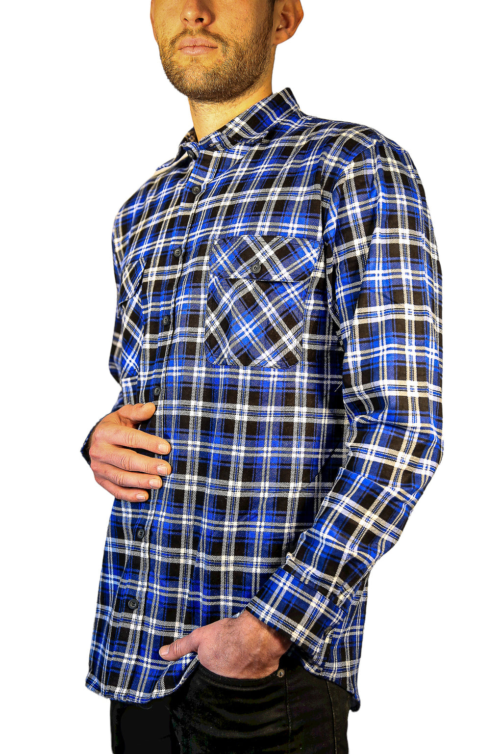Mens 100% Cotton Flannelette Shirt Long Sleeve Check Authentic Flannel - Denim - 8XL