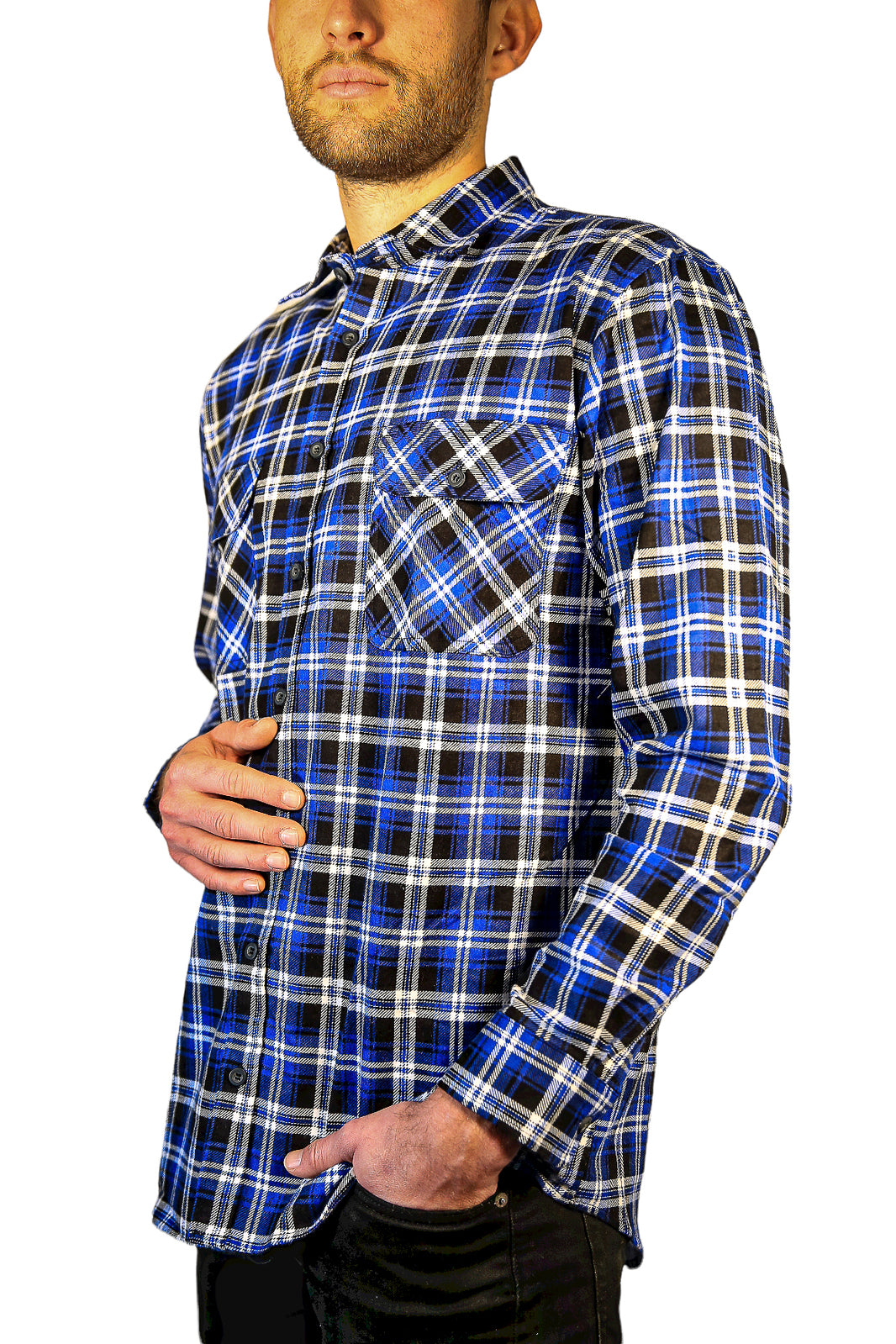 Mens 100% Cotton Flannelette Shirt Long Sleeve Check Authentic Flannel - Denim - 8XL