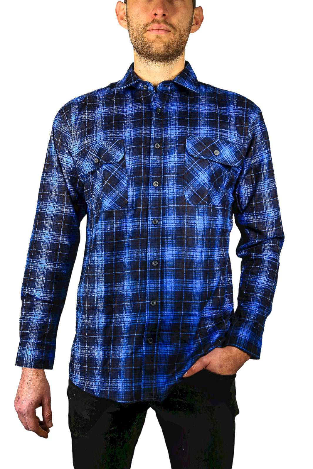 Mens 100% Cotton Flannelette Shirt Long Sleeve Check Authentic Flannel - Blue - 6XL