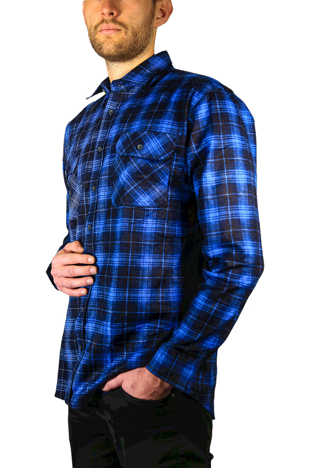 Mens 100% Cotton Flannelette Shirt Long Sleeve Check Authentic Flannel - Blue - XL