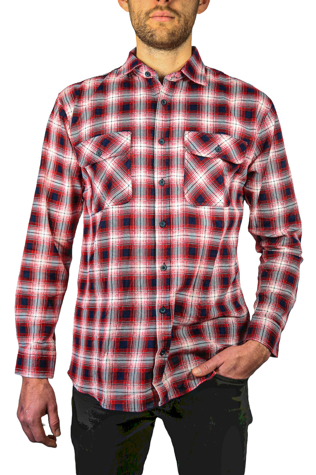 Mens 100% Cotton Flannelette Shirt Long Sleeve Check Authentic Flannel - Red/Navy - 7XL
