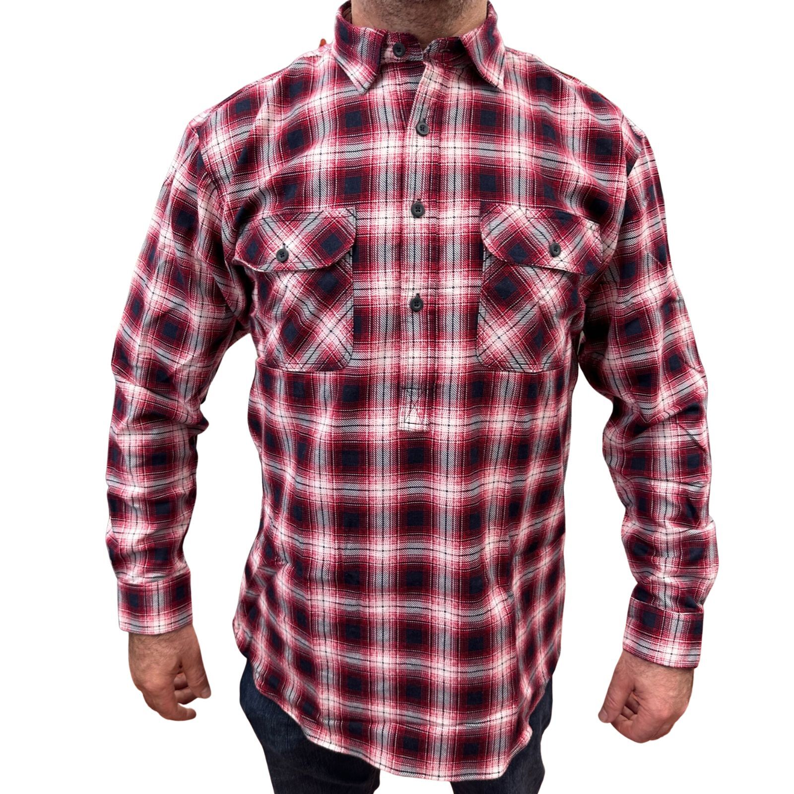 Mens Flannelette Long Sleeve Pullover Shirt 100% Cotton Flannel - Half Placket - Red/Black - 3XL
