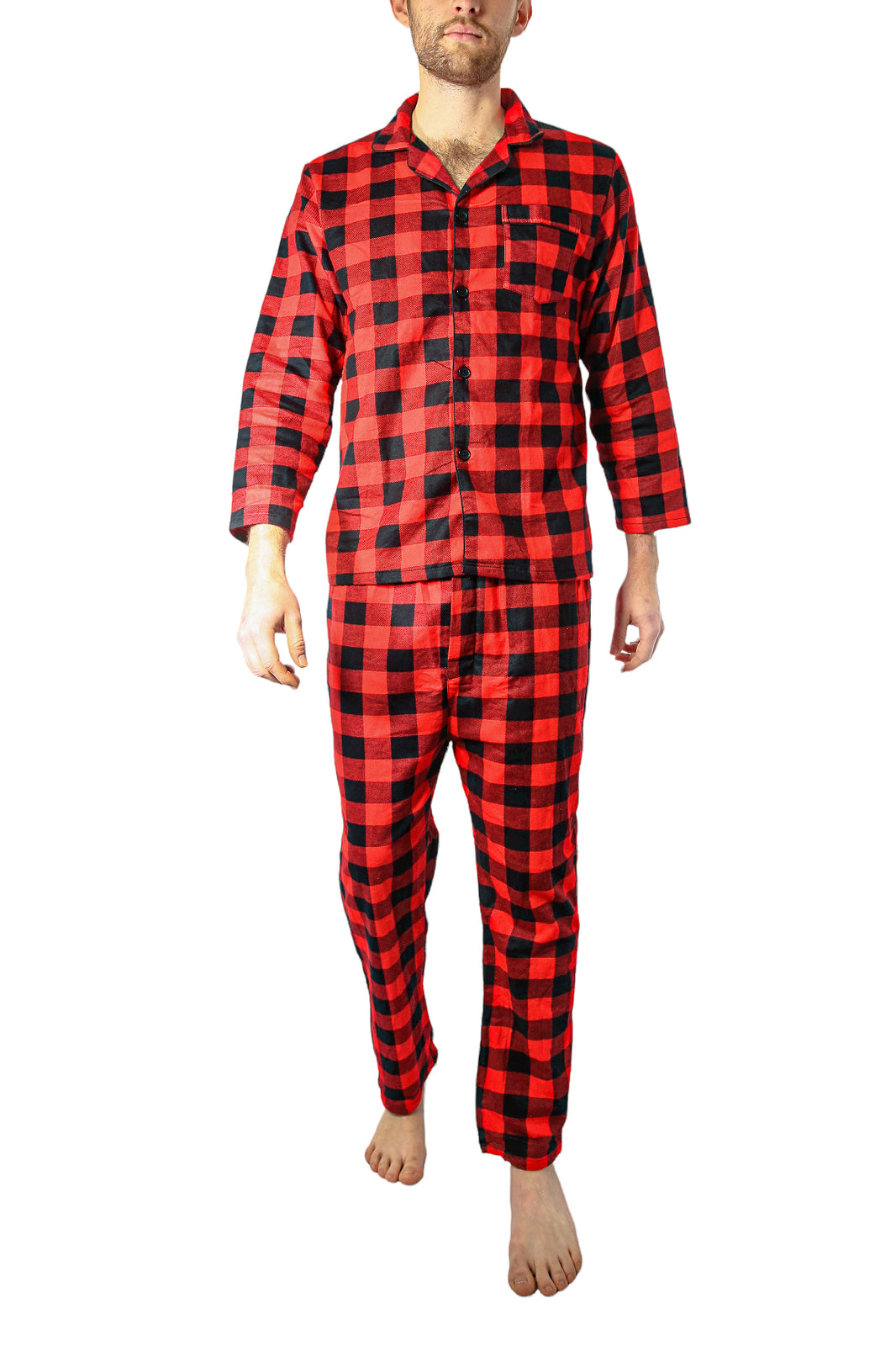 Mens Flannelette Pyjama Set Sleepwear Soft 100% Cotton PJs Two Piece Pajamas - Red - 6XL