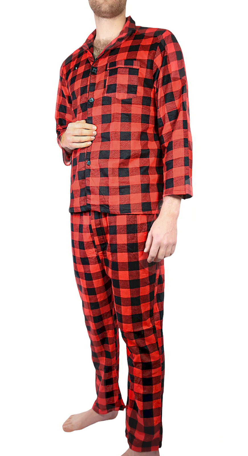 Mens Flannelette Pyjama Set Sleepwear Soft 100% Cotton PJs Two Piece Pajamas - Red - XL
