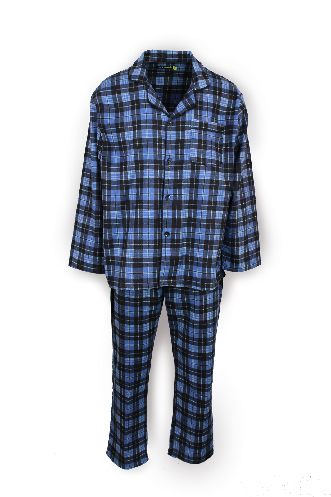 Mens Flannelette Pyjama Set Sleepwear Soft 100% Cotton PJs - Blue Check - 7XL