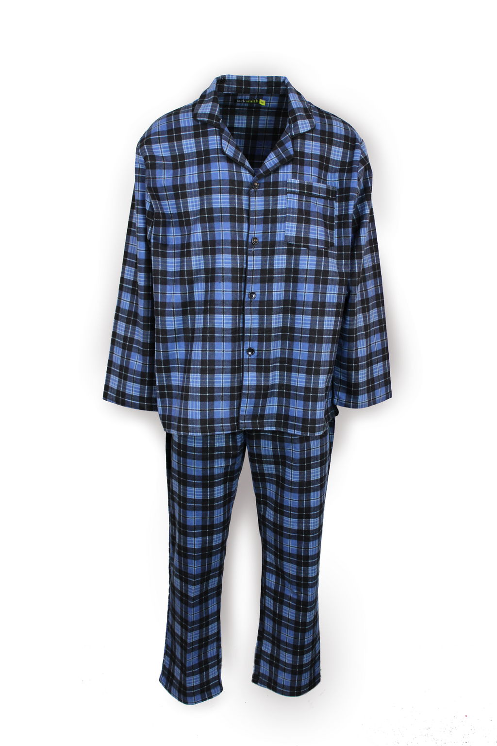 Mens Flannelette Pyjama Set Sleepwear Soft 100% Cotton PJs - Blue Check - L