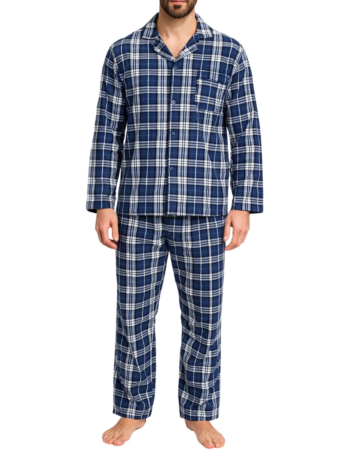 Mens Flannelette Pyjama Set Sleepwear Soft 100% Cotton PJs - Blue Check - S