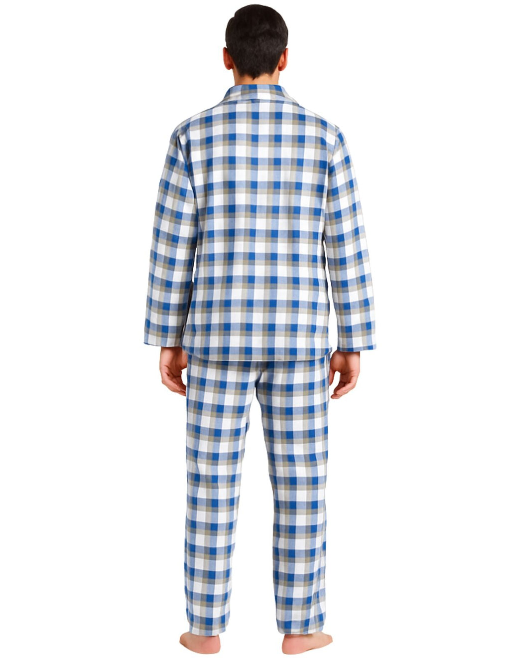 Mens Flannelette Pyjama Set Sleepwear Soft 100% Cotton PJs Two Piece - Light Blue Check - M