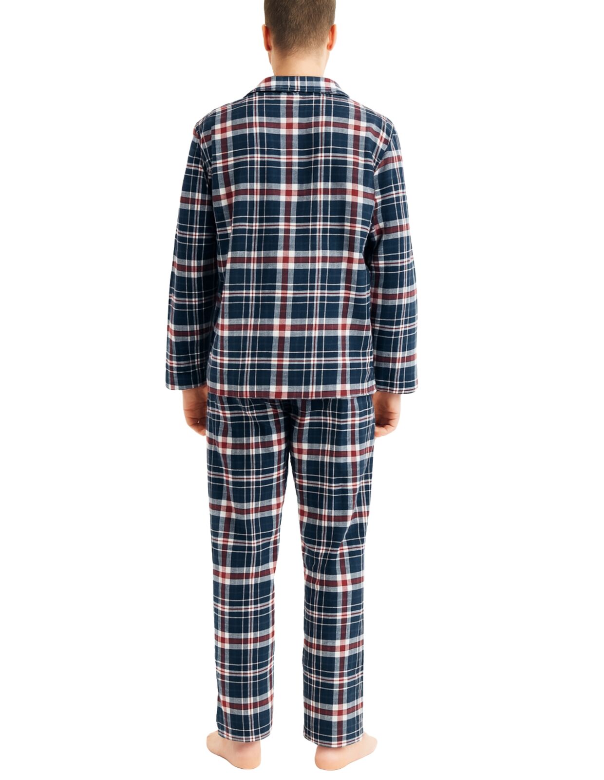 Mens Flannelette Pyjama Set Sleepwear Soft 100% Cotton PJs Two Piece - Navy/Red Check - L